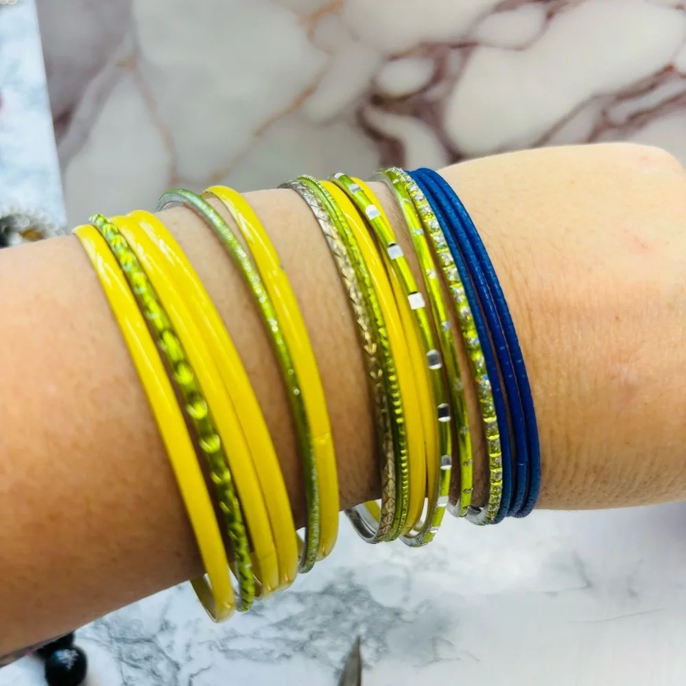 Bohemian Green Yellow and Blue Bangle Set of 16